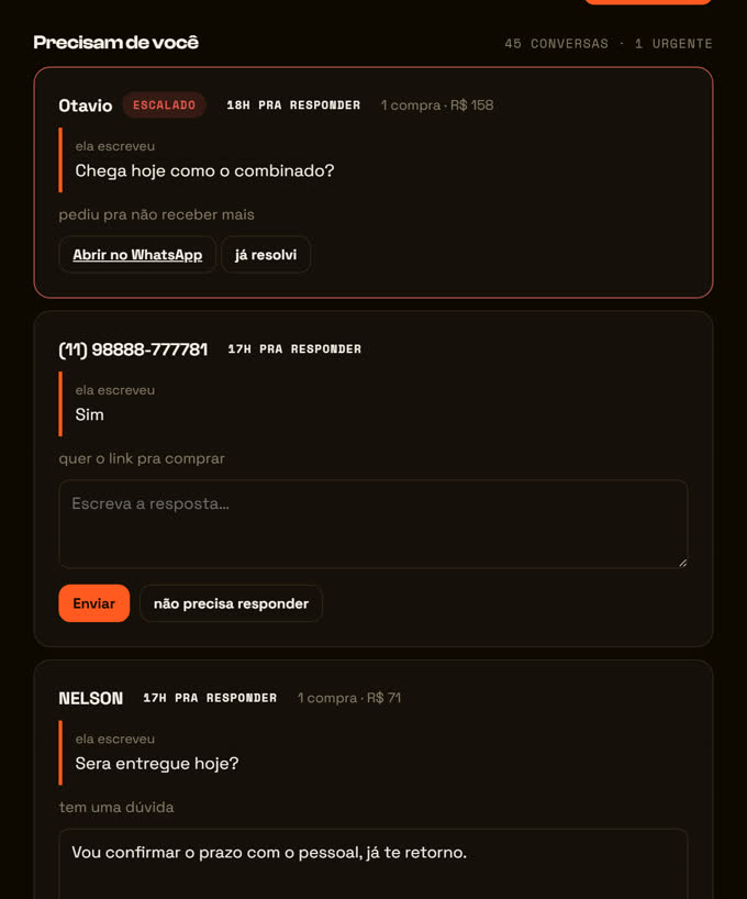 Tela de conversas com as respostas dos clientes no WhatsApp